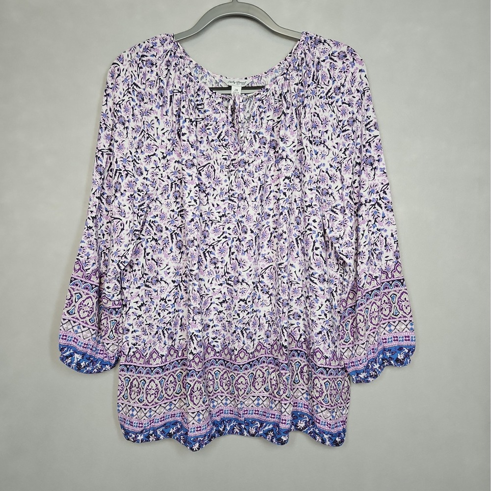 Lucky Brand Womens Floral Boho Peasant Balloon Sleeve Blouse Size 2X
